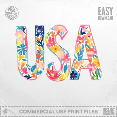 USA lettering with colorful floral watercolor pattern, "EASY DOWNLOAD"
