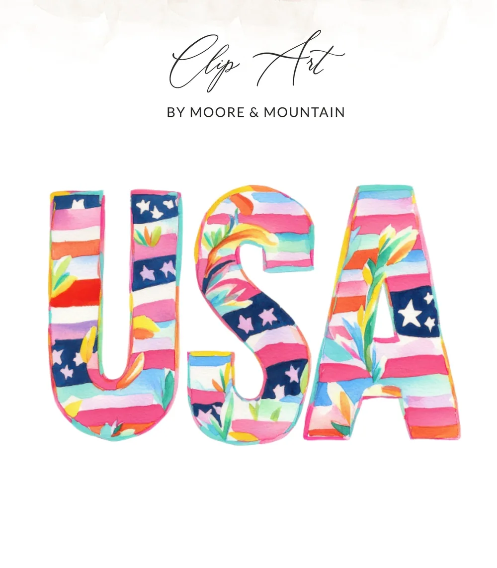 "USA" in colorful watercolor letters with flag and floral patterns.