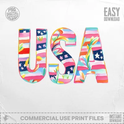 USA text with watercolor stripes and floral accents, easy download.