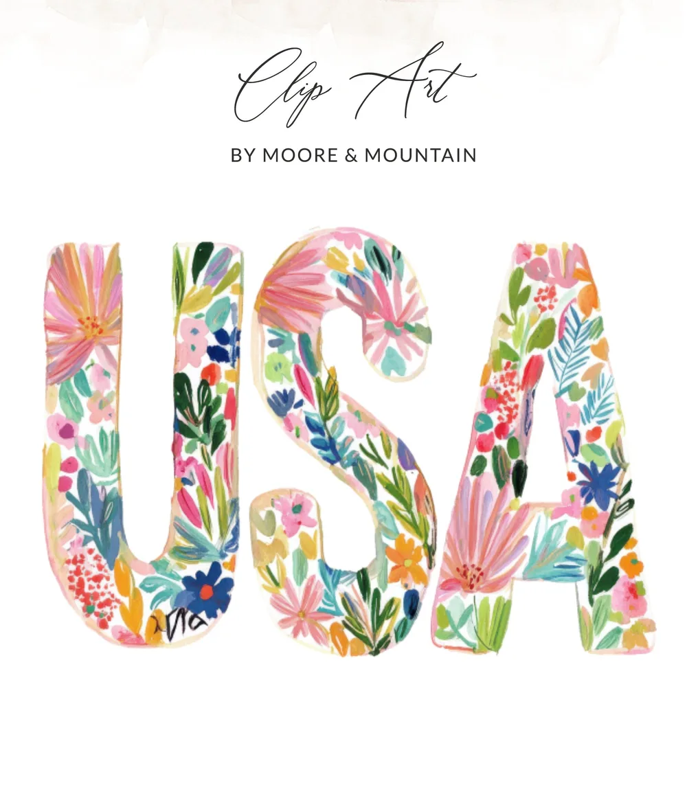 USA in colorful floral watercolor letters with "Clip Art" text above.