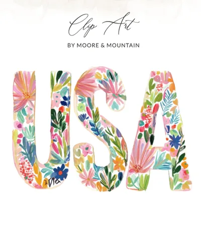 Preppy USA PNG SVG, Painterly Floral Letters, Vibrant Gouache Style Illustration, Watercolor Patriotic Digital Art, Artsy Trendy Clipart SVG