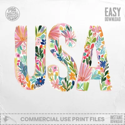 USA text formed by colorful watercolor flowers and leaves.