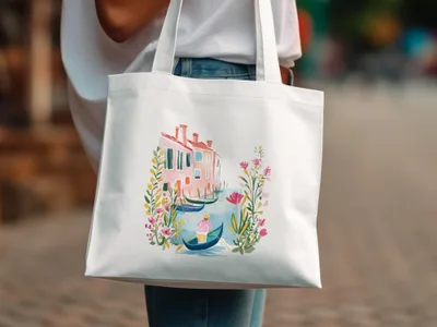 White tote bag with watercolor painting of Venice canal and gondola.