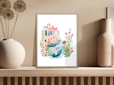 Watercolor painting of a gondolier in a canal in Venice.