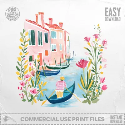Watercolor painting of a gondola in a Venetian canal with buildings and flowers.