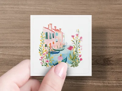 Watercolor illustration of a gondola in a Venetian canal, framed by flowers.