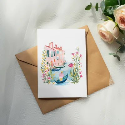 Watercolor painting of a gondola in a Venetian canal beside pink buildings.