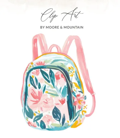 Preppy Watercolor Backpack Clipart, Digital Download PNG, Commercial Use, Cute Floral School Bag Graphic, Pastel Art, Trendy Tumbler