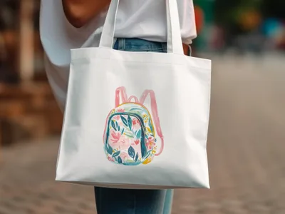 White tote bag with a watercolor floral backpack illustration.