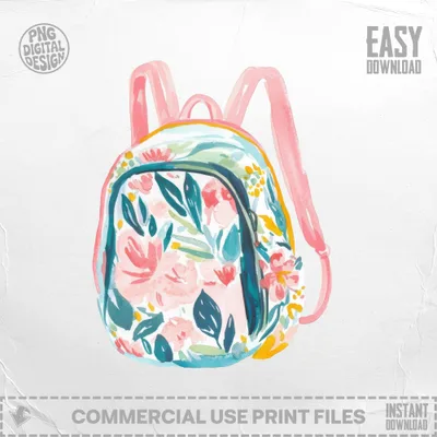 Floral watercolor backpack with pink straps on a white background.