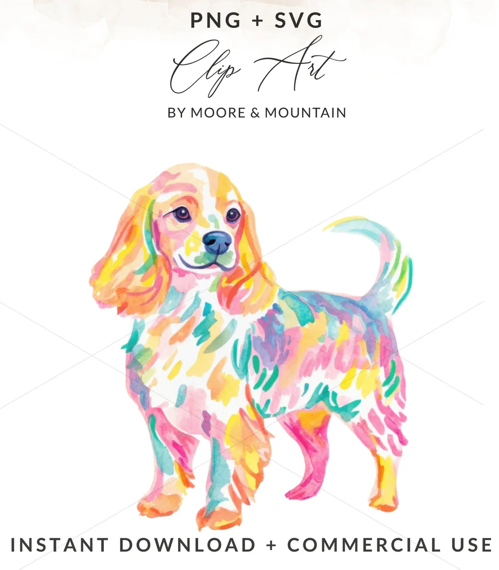Watercolor cocker spaniel clip art with colorful brushstrokes.