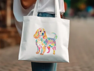White tote bag with colorful watercolor dog illustration.