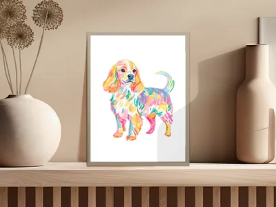 Watercolor painting of a playful spaniel with vibrant colors.