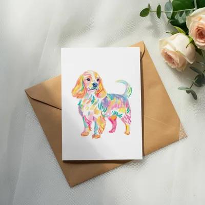 Watercolor painting of a colorful dog on a white card, resting on a brown envelope.
