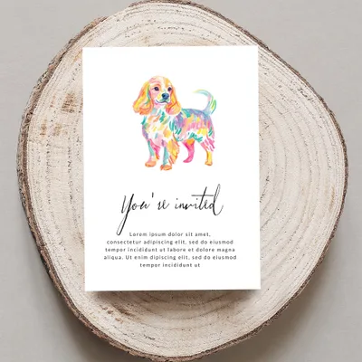 Watercolor dog illustration on invitation with "You're invited" text.