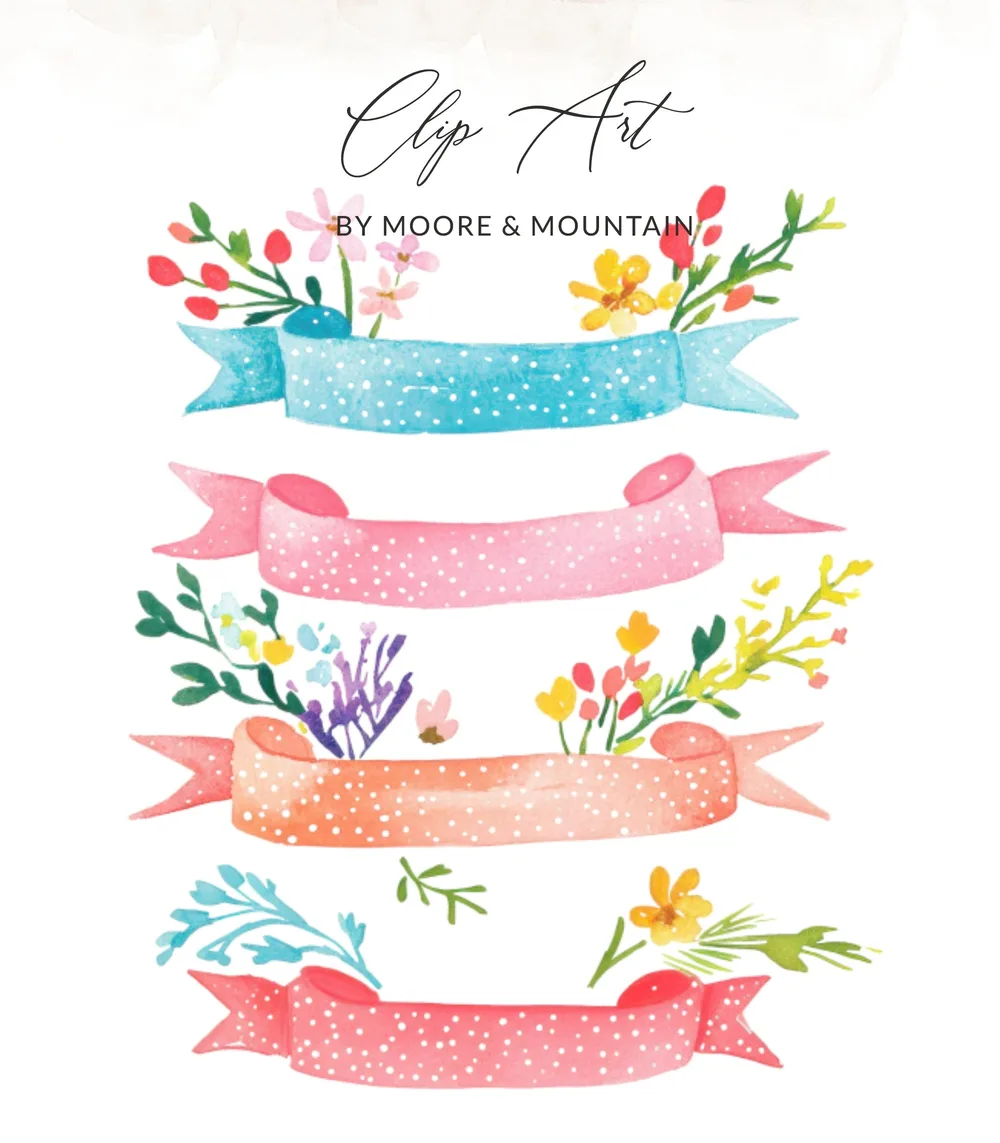Four watercolor ribbons with floral accents and text "Clip Art by Moore & Mountain".