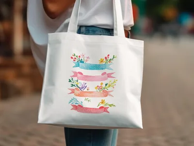 White tote bag with four watercolor banners featuring floral and ribbon designs.