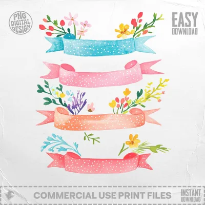 Watercolor floral banners with polka dots and leaves, "Easy Download" and "Commercial Use Print Files".
