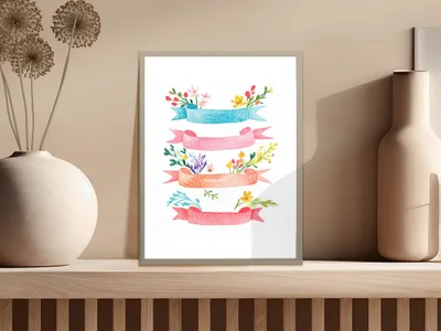 Watercolor banners with floral accents in pink, blue, and orange on white background.