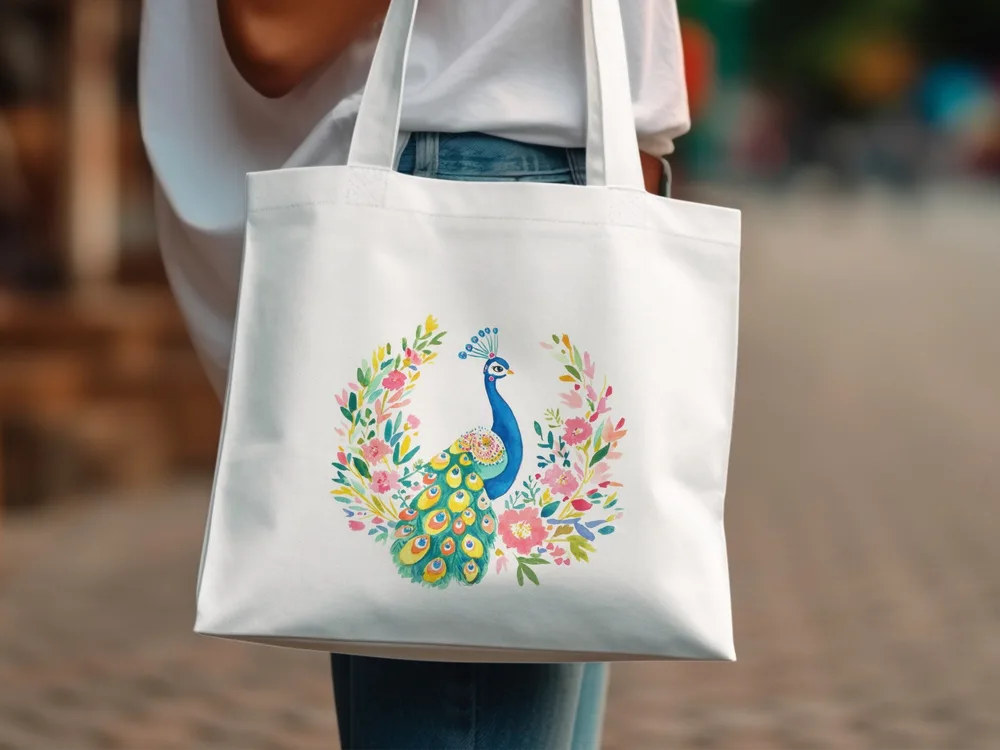 White tote bag featuring a colorful peacock within a floral wreath.