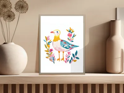 Colorful framed print of a stylized bird surrounded by floral elements.