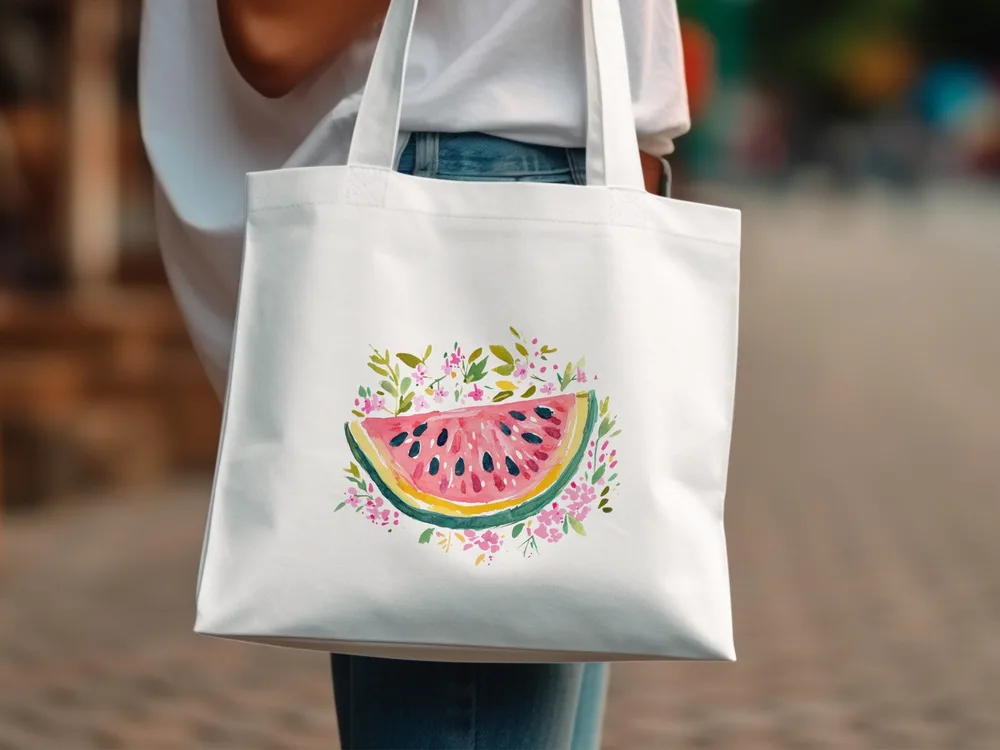 White tote bag with watercolor watermelon slice and floral design.