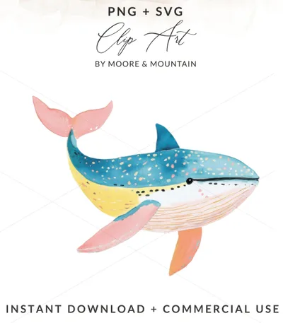 Preppy Whale Clipart PNG, Kawaii Animal PNG, Colorful Sticker Design, Pastel Summer Art, Trendy Girly Graphic, Cricut Cut File, Sublimation