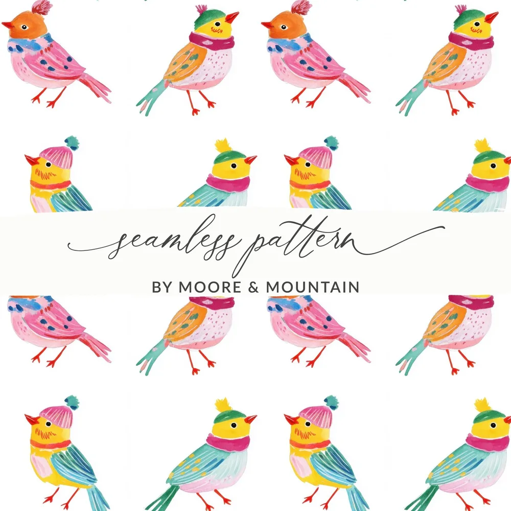 Preppy Winter Birds Hats Scarves Pattern Lovely Watercolor Art Digital - Moore and Mountain