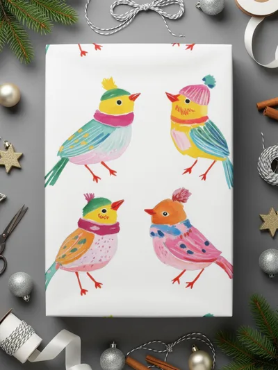 Preppy Winter Birds Hats Scarves Pattern Lovely Watercolor Art Digital - Moore and Mountain