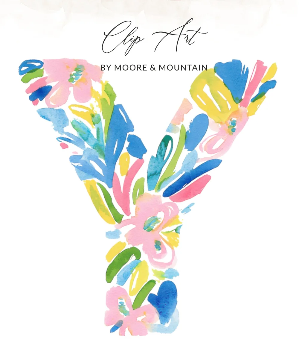 Watercolor letter Y with floral elements and "Clip Art by Moore & Mountain".