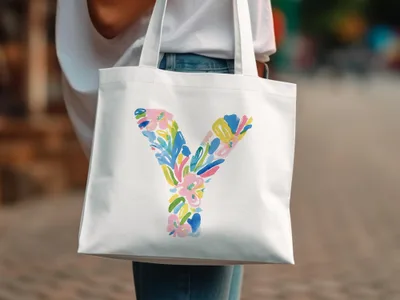 White tote bag with a colorful floral letter Y design.