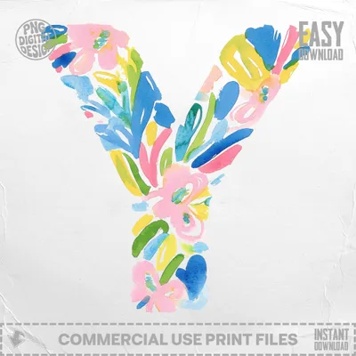 Watercolor letter Y with floral accents on a white background.