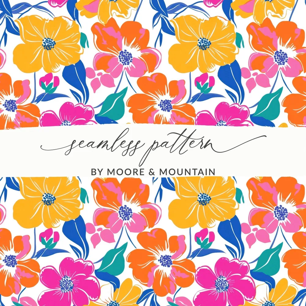 Preppy Yellow Pink Orange 60's Floral Pattern, Seamless Pattern, Digital Background, Colorful Flower Print, Retro Flowers, Digital Paper - Moore and Mountain