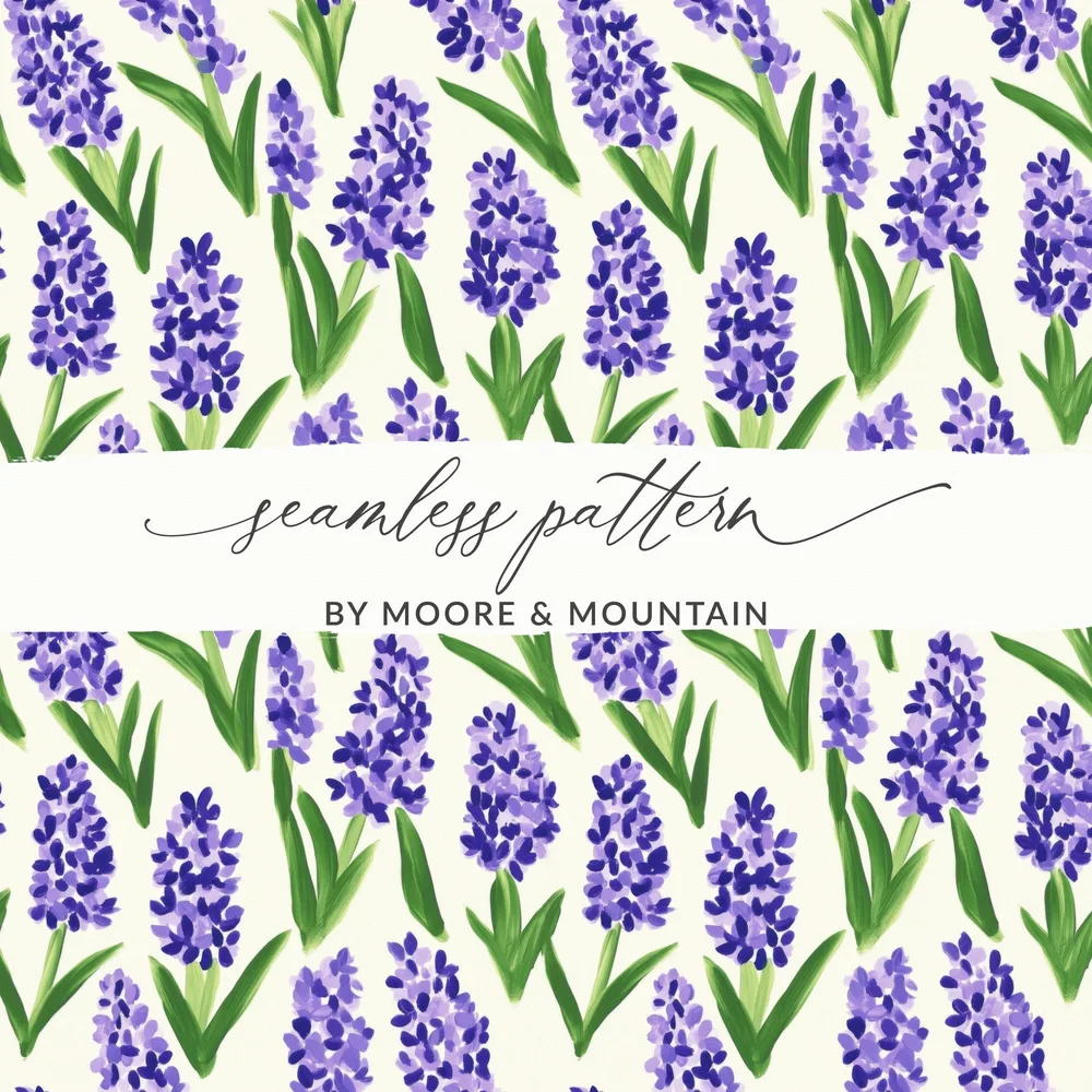 Purple Hyacinth Floral Pattern, Digital Seamless Pattern, Flower Digital Paper, Watercolor Flower Print, Fabric Design, Digital Download - Moore and Mountain