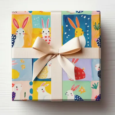 Colorful Bunny Gift Wrap with Ribbon Box