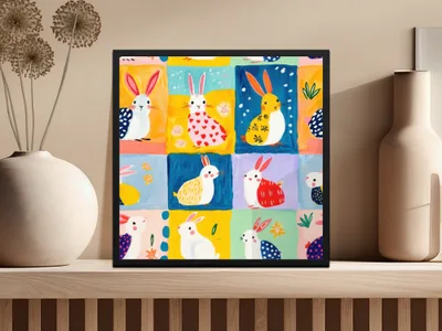 Colorful Cartoon Bunny Illustration Wall Art Decor