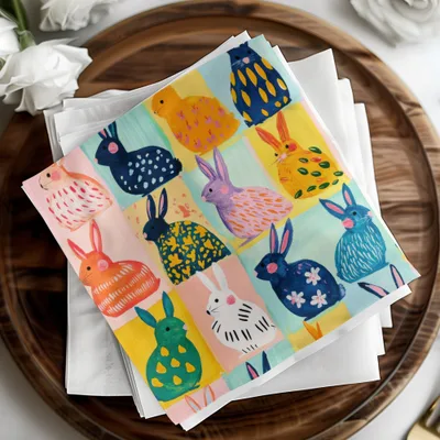 Colorful Hand-Painted Bunny Square Paper Napkins