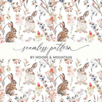 Rabbit Floral Seamless Pattern Digital Paper, Watercolor Animal Bunny, Spring Floral Pattern, Commercial Use, Digital Download