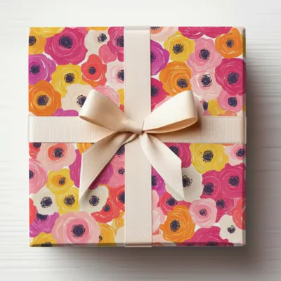 Bright Floral Patterned Gift Box with Cream Ribbon