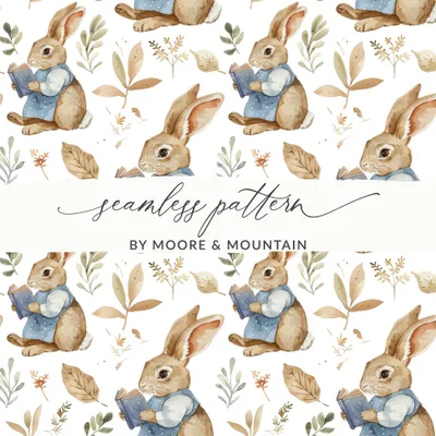 Reading Bunny Seamless Pattern Digital Paper, Easter Rabbit Fabric Design, Watercolor Floral Background, Cute Animal Surface Pattern