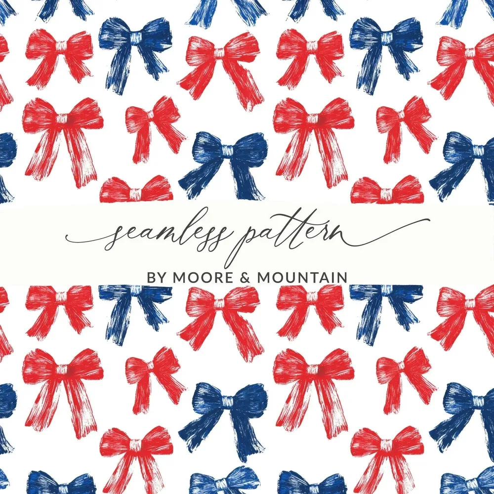 Red and Blue Bows Digital Paper, Patriotic Seamless Pattern, Brush Stroke Bows, Fabric Design, Scrapbooking Digital Download - Moore and Mountain