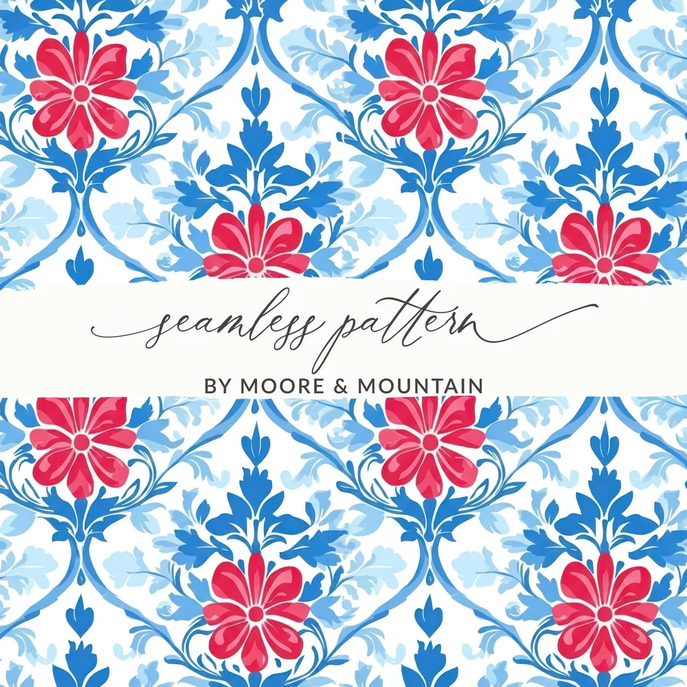 Seamless floral pattern with red flowers and blue leaves, "seamless pattern" text.