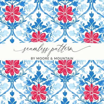 Red and Blue Floral Damask Seamless Pattern JPEG, Vintage Botanical Digital Paper, Grandmillennial Wallpaper Design, Classic Flower Print