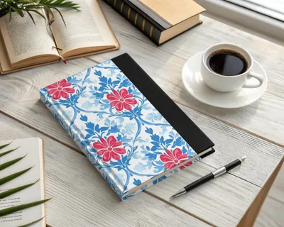Floral pattern journal with pen and coffee on a wooden desk.