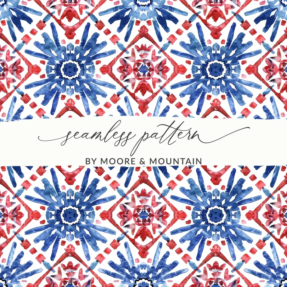 Red and Blue Floral Seamless Digital Pattern, Watercolor Tile Design, Fabric Print, Scrapbook Paper, Digital Download, Commercial Use - Moore and Mountain
