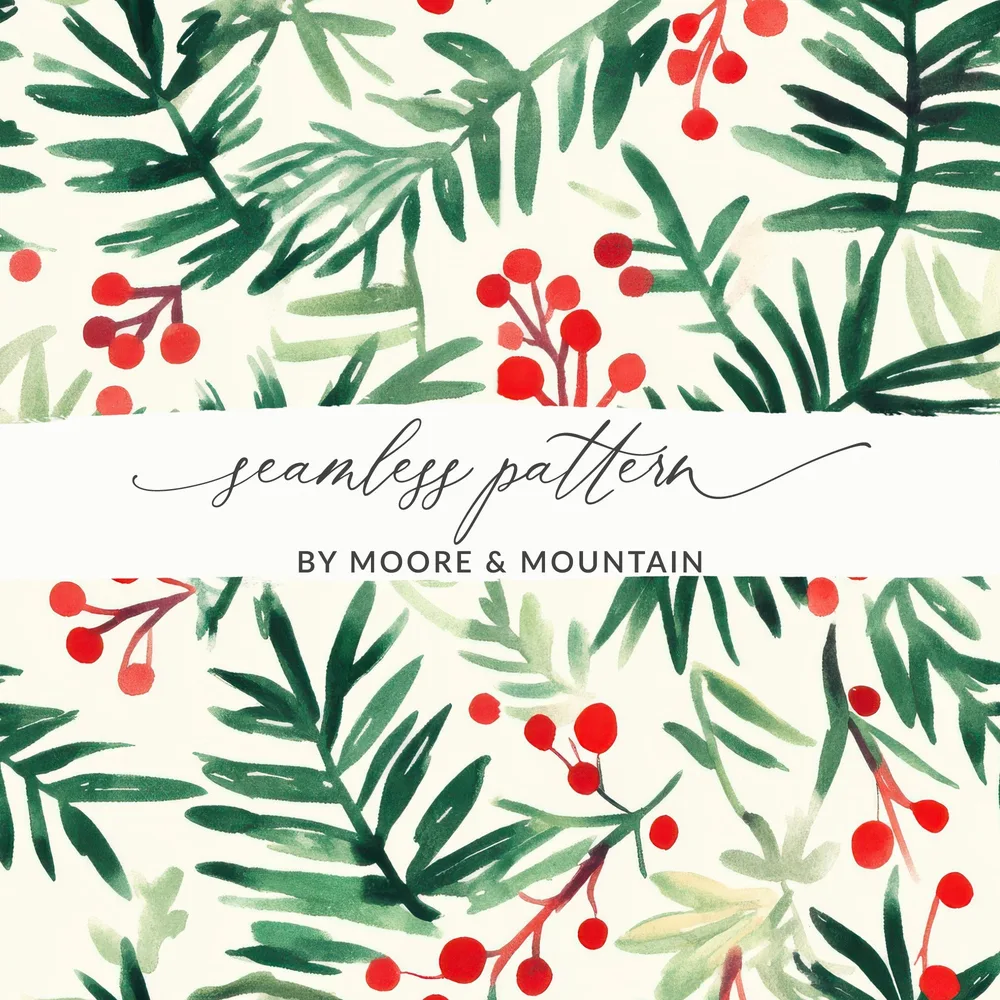 Red and Green Christmas Pine Branches and Berries Watercolor Seamless Pattern Digital - Moore and Mountain