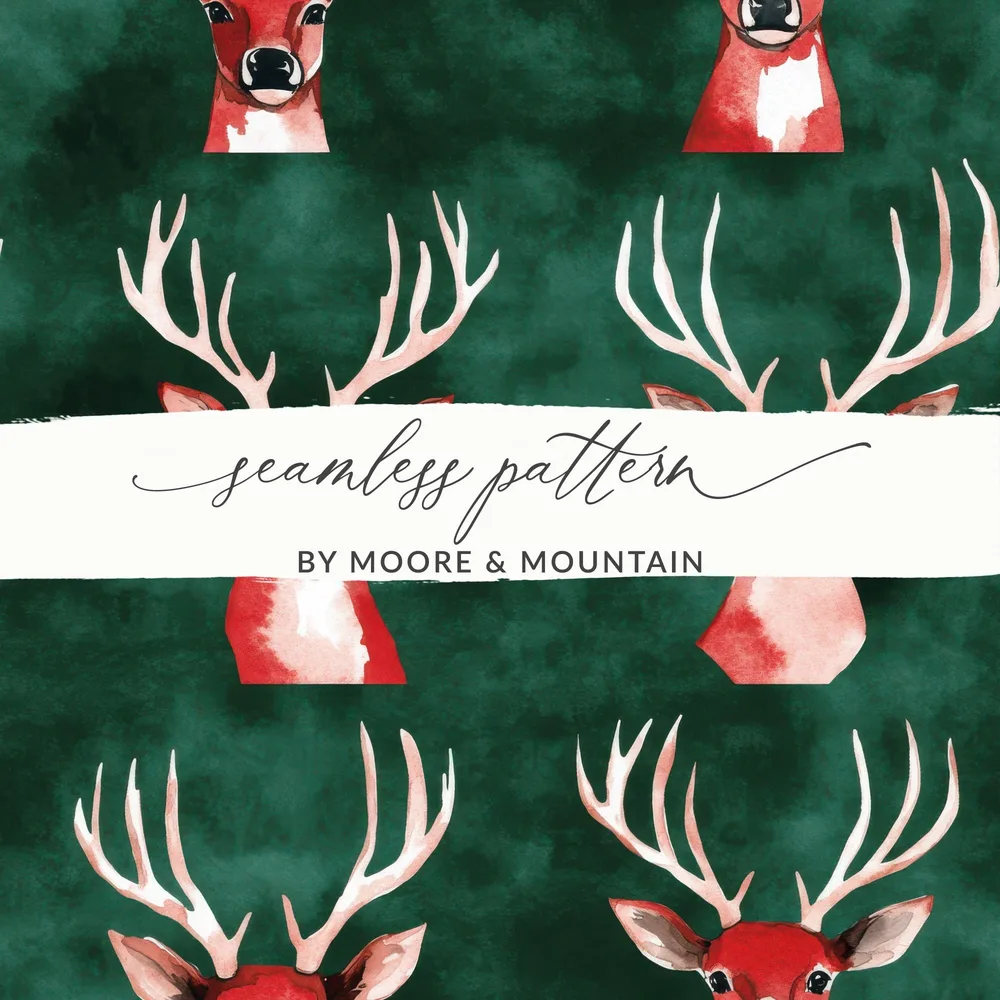 Red and Green Seamless Christmas Reindeer Watercolor Seamless Pattern - Moore and Mountain