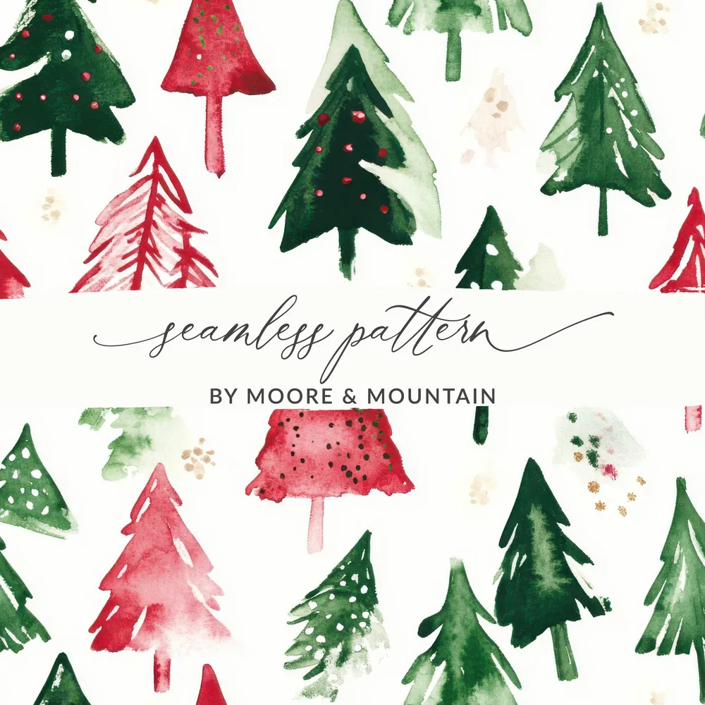 Red and Green Seamless Pattern Christmas Watercolor Trees - Moore and Mountain
