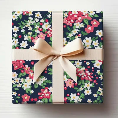 Floral Patterned Gift Box Wrapped with Beige Ribbon