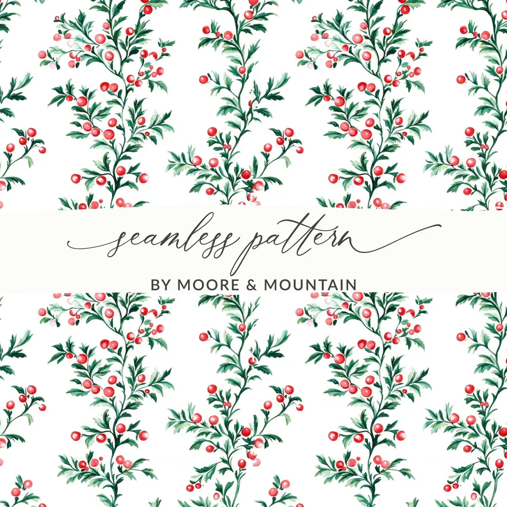 Red Berries Digital Paper, Watercolor Floral Pattern, Green Leaves Seamless Pattern, Christmas Pattern, Winter Design, Red Green - Moore and Mountain